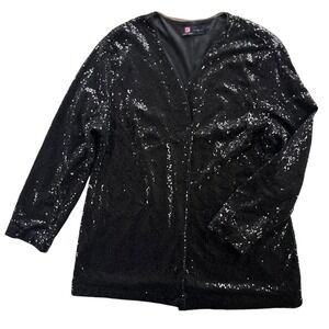 Kancy Kole Womens Sz XL Black Sequin Open Front Long Sleeve Jacket Cardigan Glam